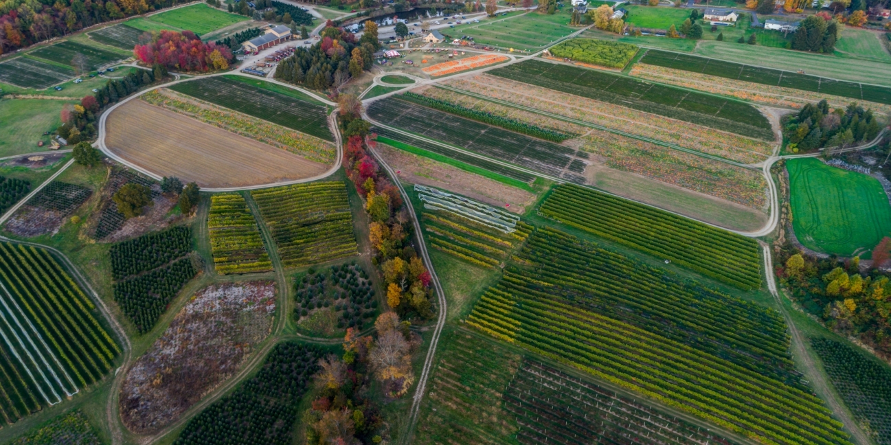 Pumpkinseed Hill farm aerial view of its beautiful fields