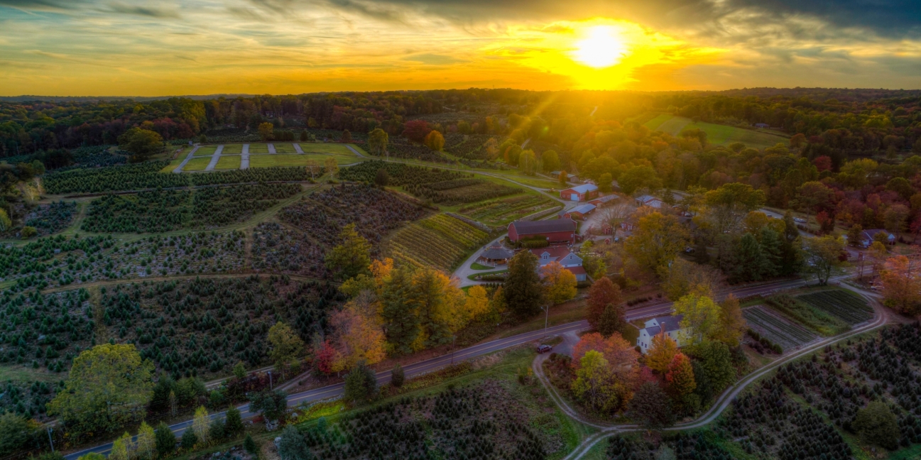 Fall drone over Jones winery at sunset