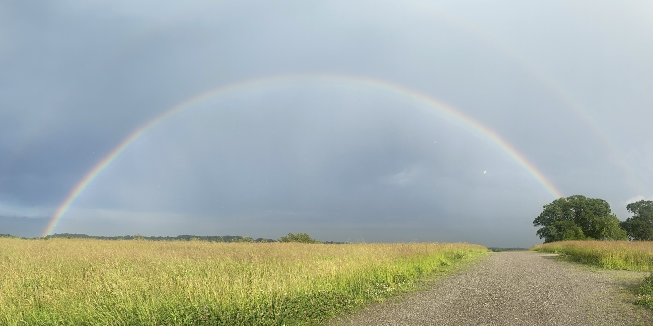 A rainbow is captured over the farm