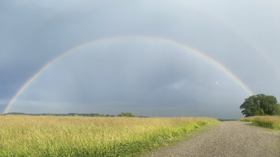 A rainbow is captured over the farm