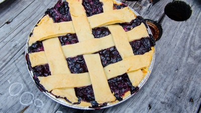 blueberry pie with ribboned crust top