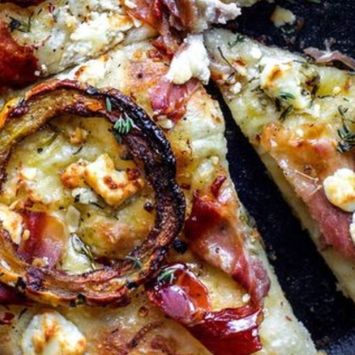 Pizza with Delicata Squash, Caramelized Onions, and Gorgonzola