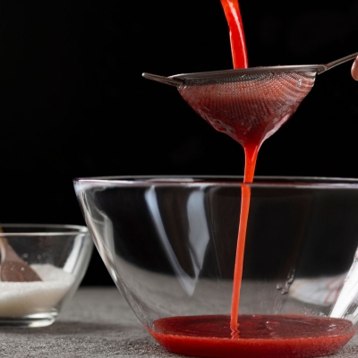 Whole Berry Strawberry Syrup strained into a serving bowl